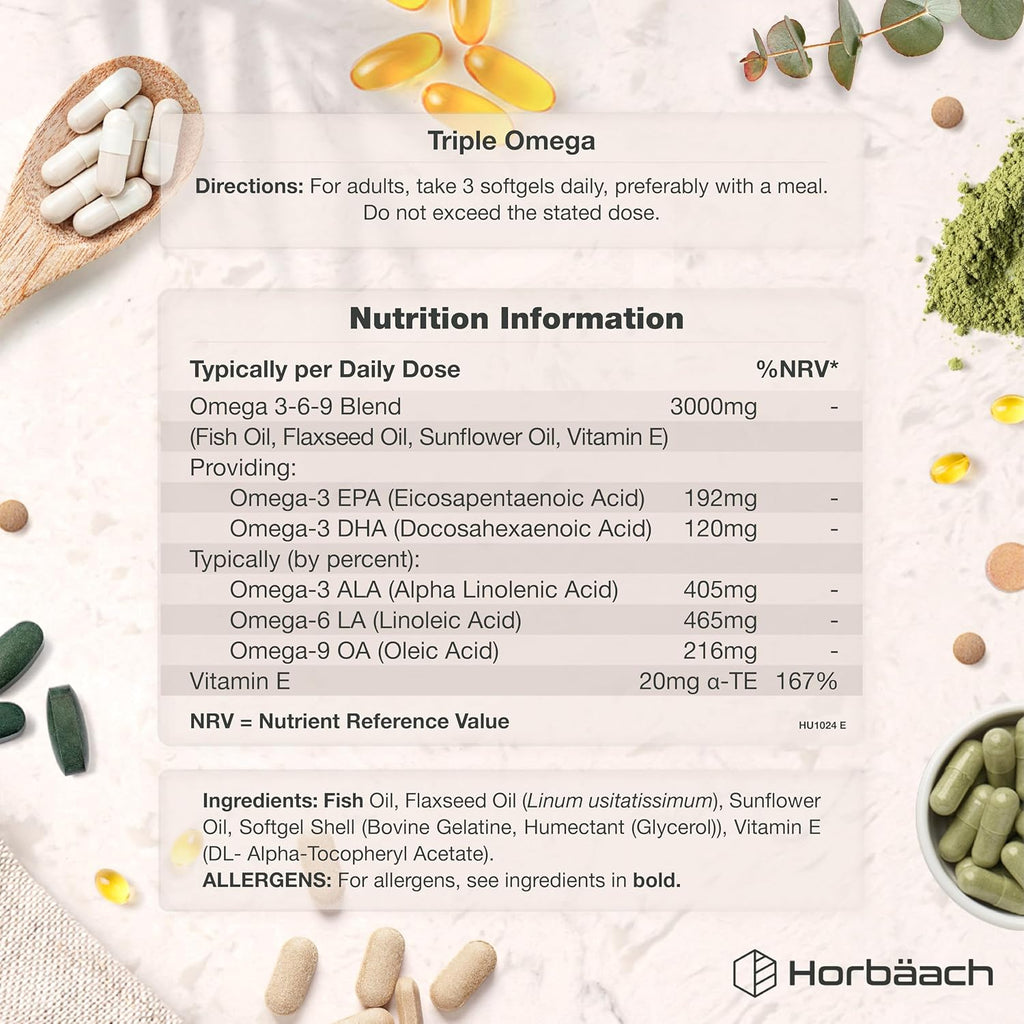 Horbäach Triple Omega 3 6 9 Capsules 3000Mg ALA, LA & OA | 120 Softgels | High Strength EPA & DHA Essential Fatty Acids | Supplement with Fish Oil, Flaxseed & Sunflower Oil | by Horbaach