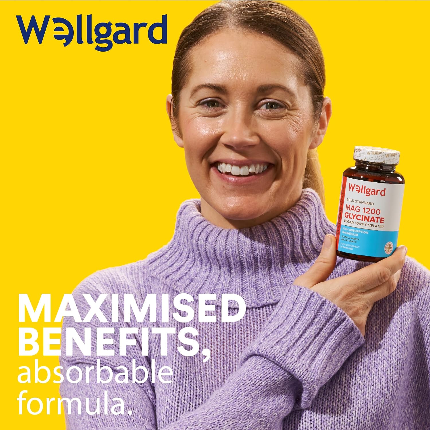 Pure Magnesium Glycinate by Wellgard - Not Mixed with Citrate or Malate, High-Strength Magnesium Supplement, Mag 1200, Vegan, High Absorption Bisglycinate, 240Mg Elemental Magnesium, Made in UK
