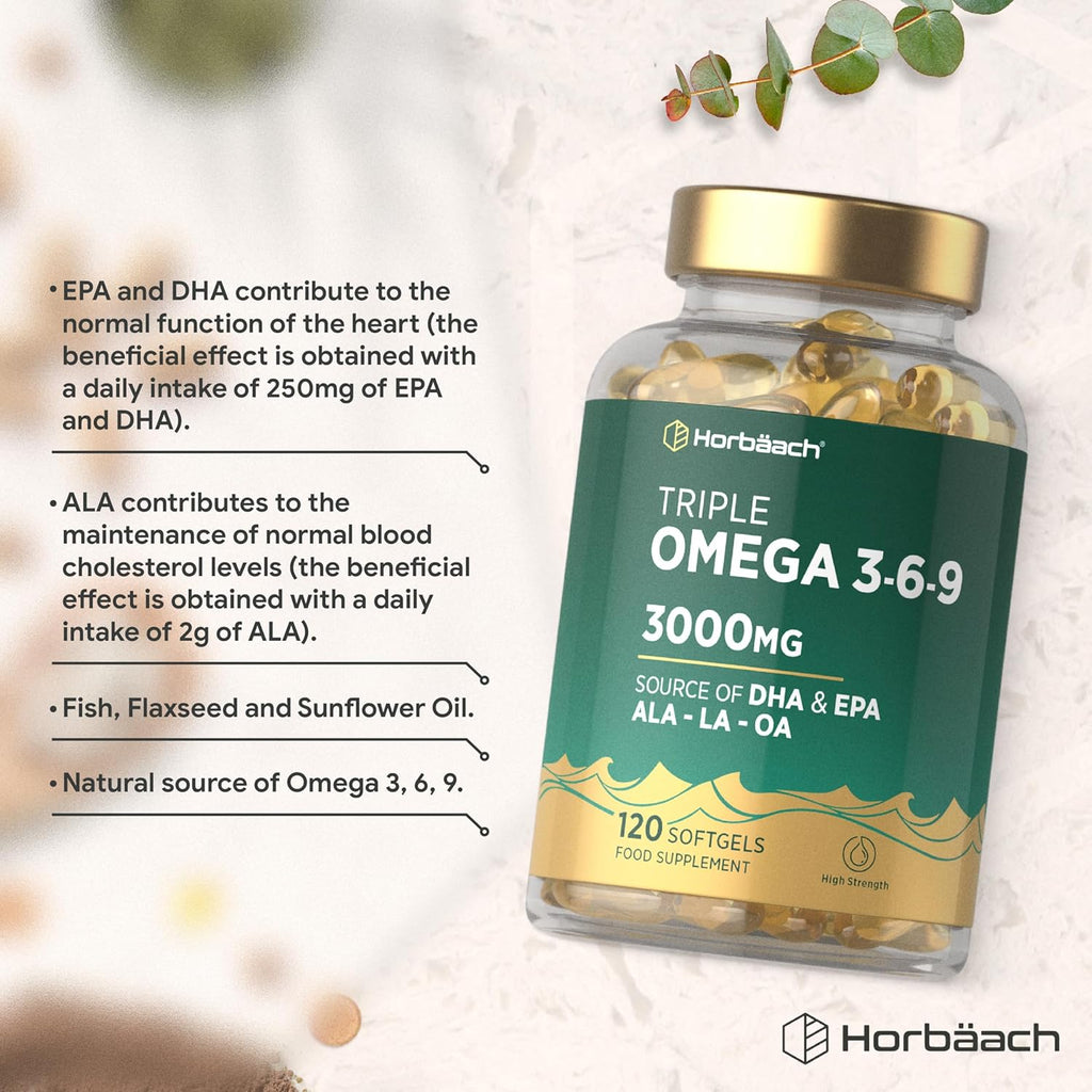 Horbäach Triple Omega 3 6 9 Capsules 3000Mg ALA, LA & OA | 120 Softgels | High Strength EPA & DHA Essential Fatty Acids | Supplement with Fish Oil, Flaxseed & Sunflower Oil | by Horbaach