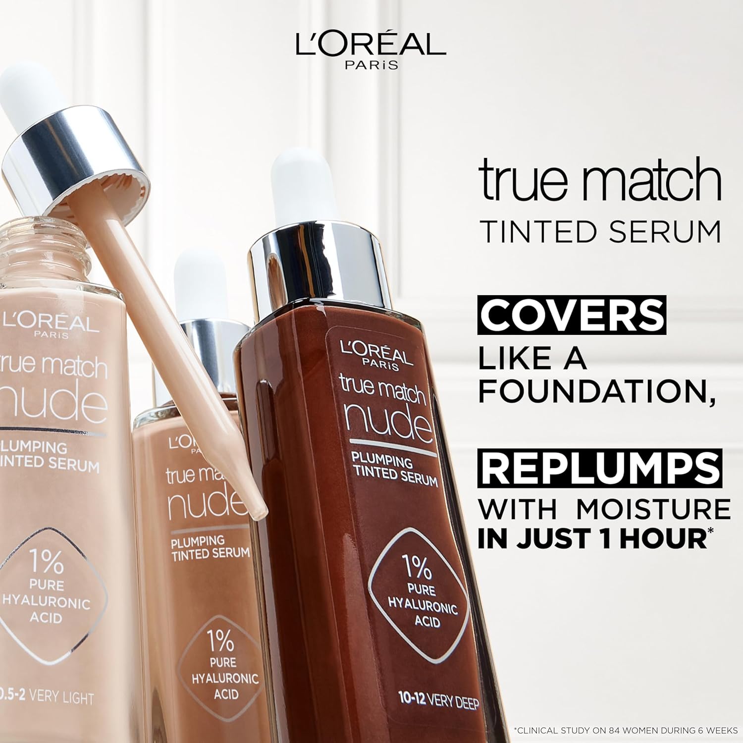 L'Oréal Paris Nude Tinted Serum for Face, Shade 4-5 Medium, Plumping and Hydrating Face Makeup, 1 Percent Pure Hyaluronic Acid, Nude Foundation to Cover, Replumps and Hydrates Skin in One Hour