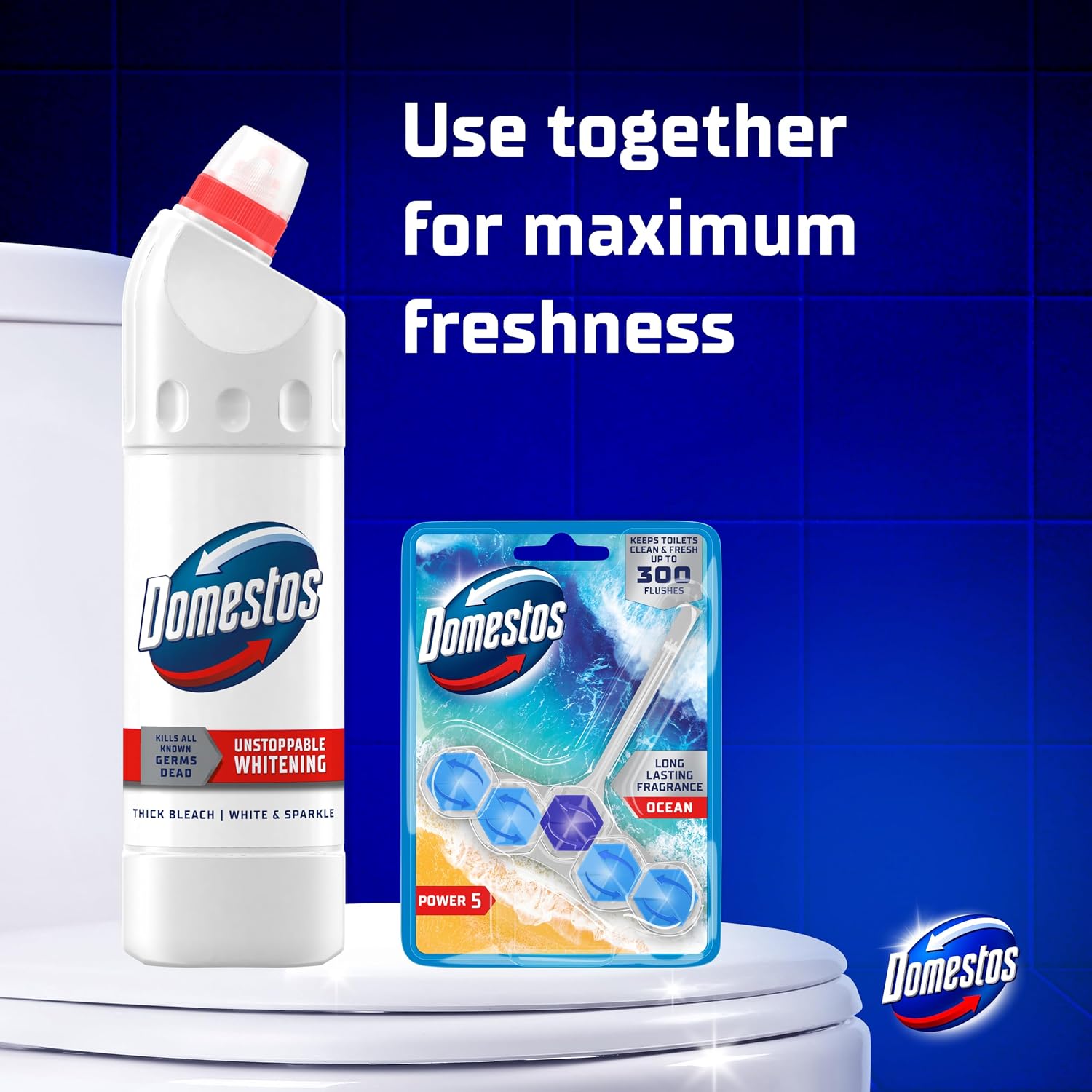 Domestos White & Sparkle Thick Bleach Disinfectant That Eliminates 99.99% of Bacteria and Viruses* Unstoppable Whitening Power 750 Ml