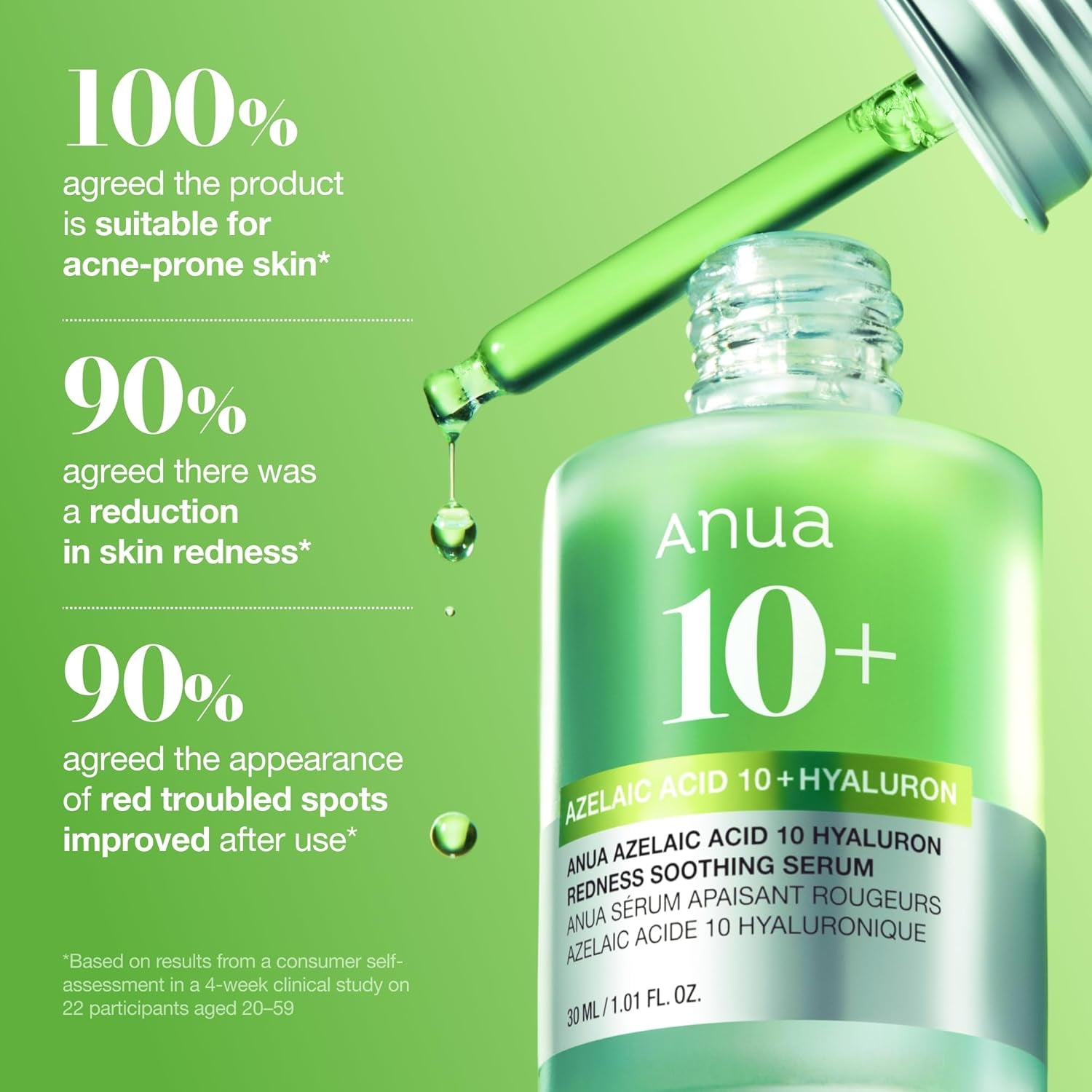 Anua Azelaic Acid 10 Hyaluron Redness Soothing Serum, Facial Serum for Blemish-Prone & Oily-Prone Skin, Lightweight & Hydrating Blemish Care, Hyaluronic Acid, Korean Skincare, 30Ml