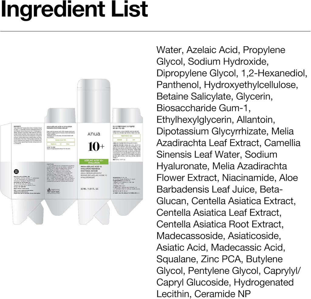 Anua Azelaic Acid 10 Hyaluron Redness Soothing Serum, Facial Serum for Blemish-Prone & Oily-Prone Skin, Lightweight & Hydrating Blemish Care, Hyaluronic Acid, Korean Skincare, 30Ml