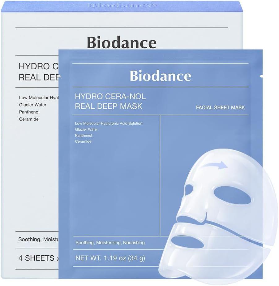 BIODANCE Hydro Cera-Nol Real Deep Face Mask 4 Pcs | after Sun Care, Sunburn Relief, Soothing | Hydrogel Overnight Mask | Korean Face Mask for Glass Skin | Korean Skincare