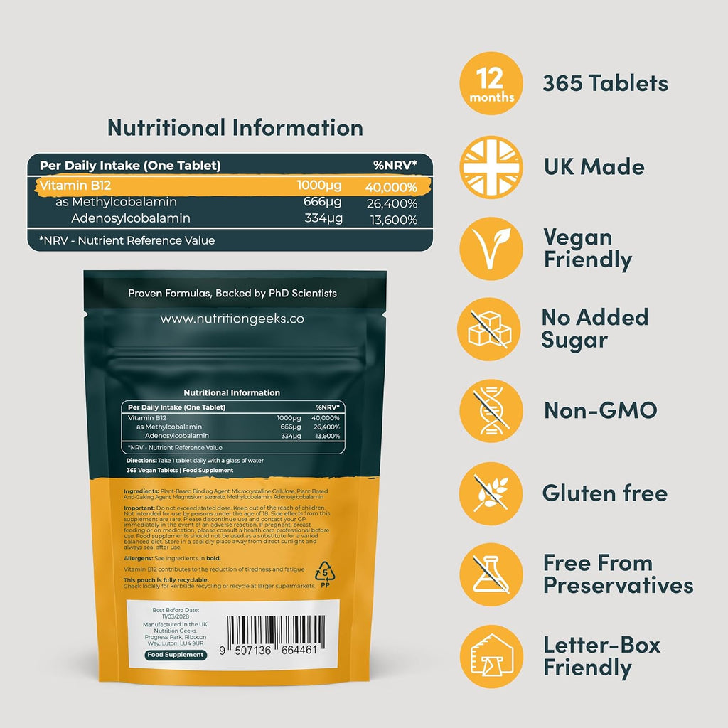 Vitamin B12 Tablets High Strength - 1 Year Supply (365 Tablets) - 1000Mcg Dual Power B12 Vitamin Complex with Methylcobalamin & Adenosylcobalamin - Vegan Supplement - (Packaging Design May Vary)