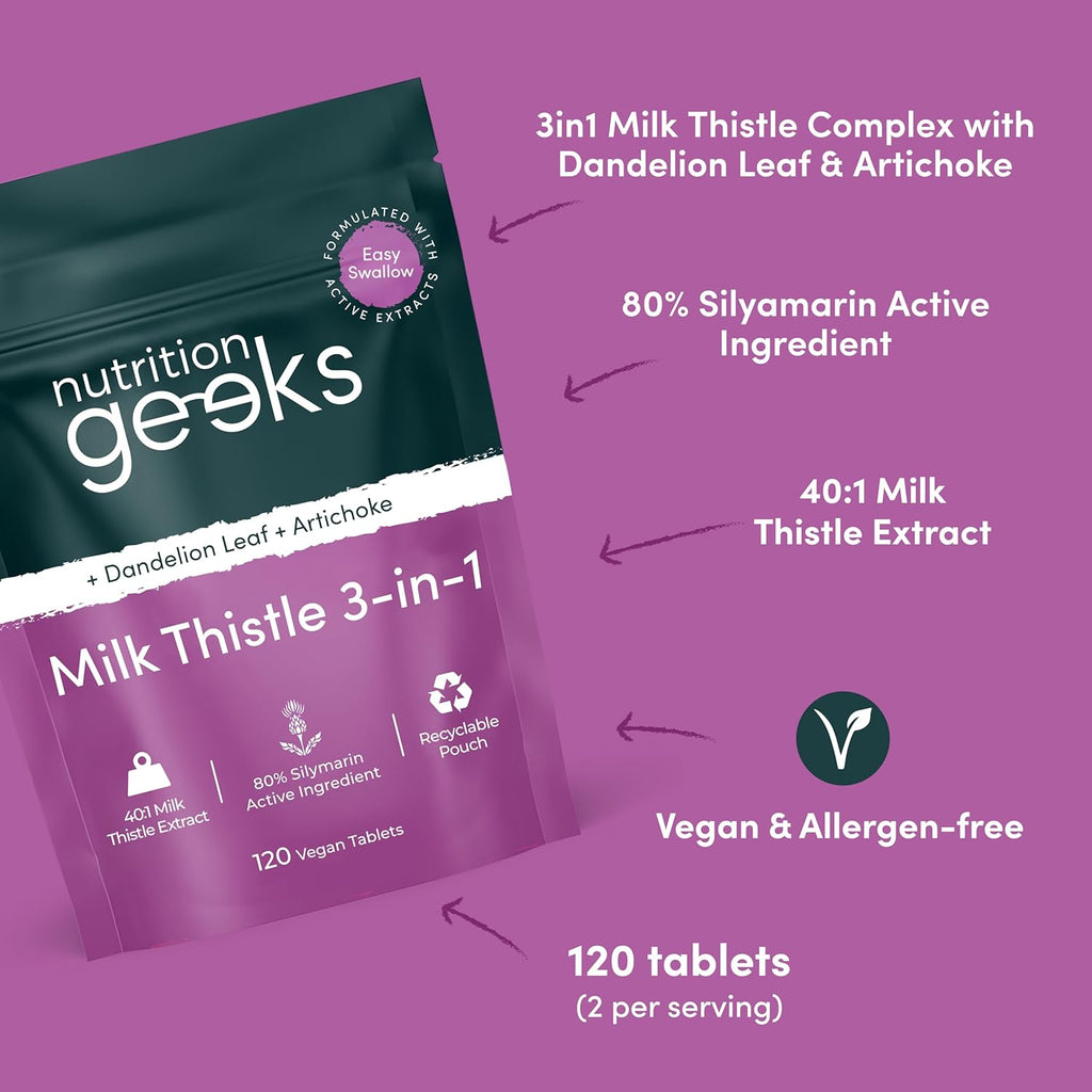 Milk Thistle Tablets 3-In-1 Complex - 120 Tablets (2 Month Supply) - 100Mg Extract 80% Silymarin with Artichoke & Dandelion Leaf (Not Milk Thistle Capsules or Tincture) - Vegan - UK Made Supplement