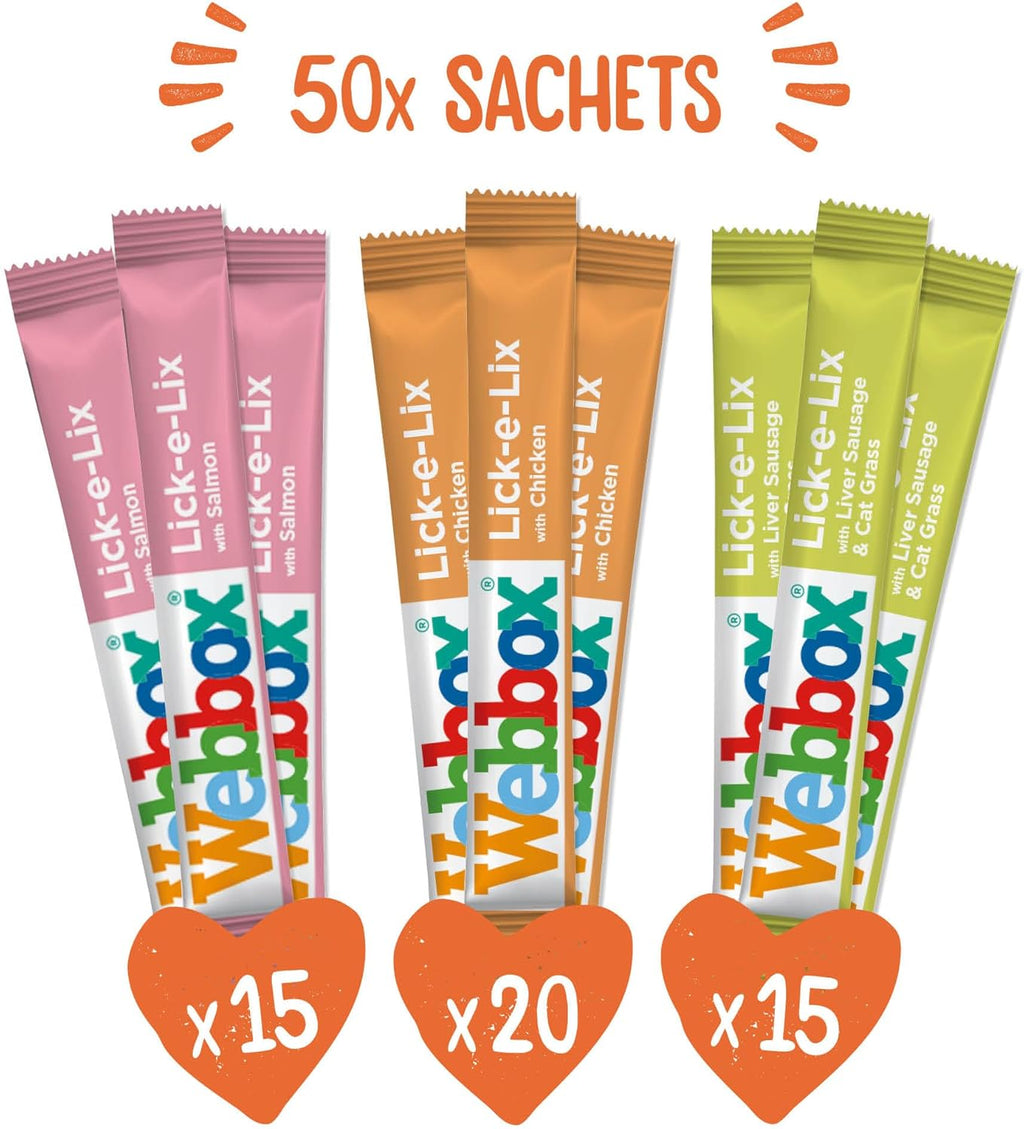 Webbox Lick-E-Lix Cat Treats Variety Value Pack - Kitten Friendly, Grain Free, No Artificial Preservatives or Colours (50 Pack)