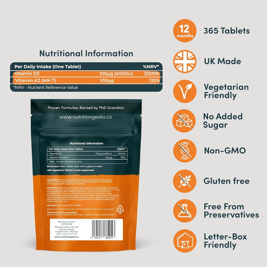 Vitamin D3 4000 Iu & Vitamin K2 MK7 100Μg - 1 Year Supply, 365 Easy-Swallow Vitamin D3 K2 Tablets, 1-A-Day High Strength Vegetarian D3 and K2 Vitamin Supplements, UK Made Vitamin D Tablets