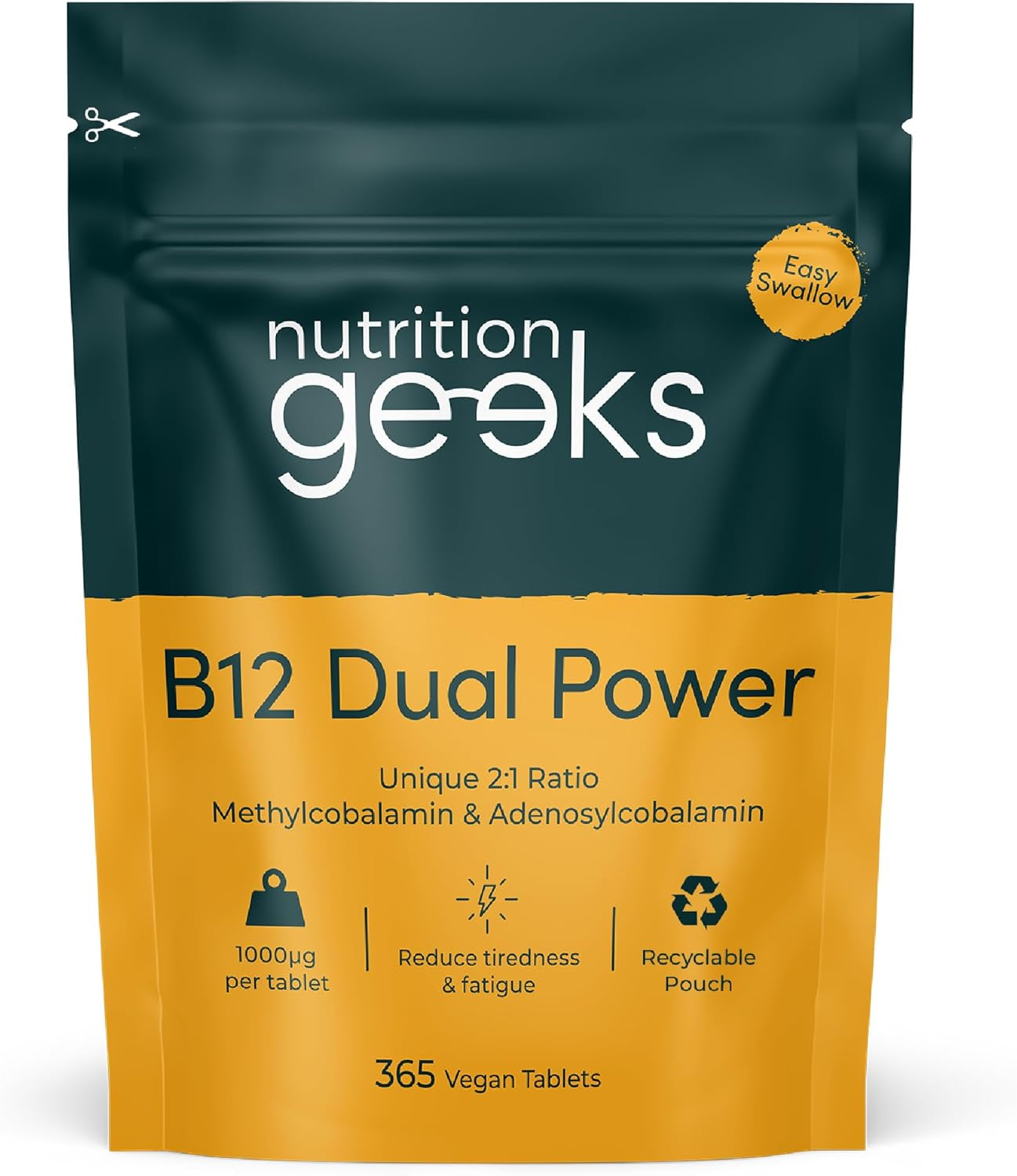 Vitamin B12 Tablets High Strength - 1 Year Supply (365 Tablets) - 1000Mcg Dual Power B12 Vitamin Complex with Methylcobalamin & Adenosylcobalamin - Vegan Supplement - (Packaging Design May Vary)