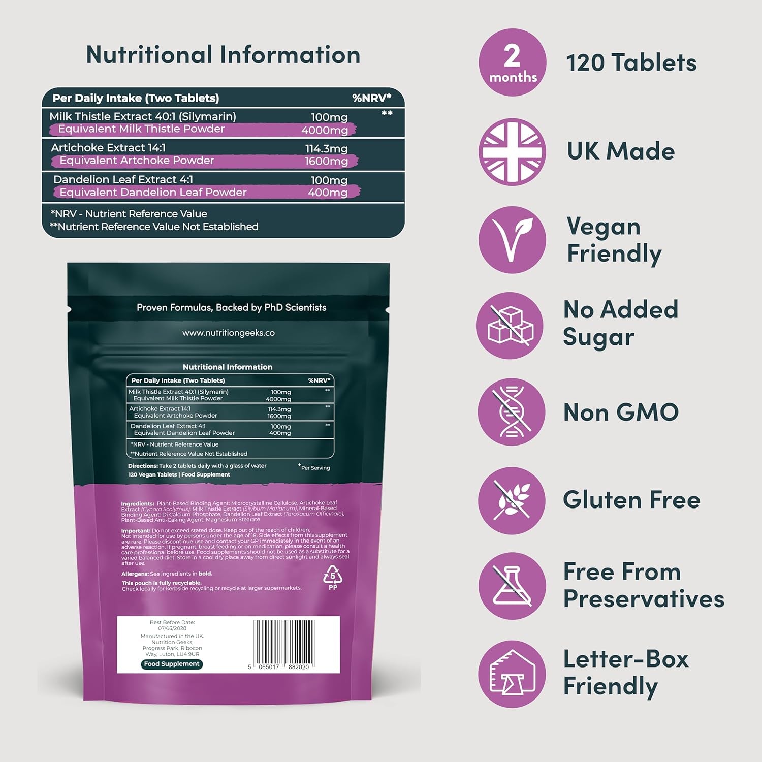 Milk Thistle Tablets 3-In-1 Complex - 120 Tablets (2 Month Supply) - 100Mg Extract 80% Silymarin with Artichoke & Dandelion Leaf (Not Milk Thistle Capsules or Tincture) - Vegan - UK Made Supplement